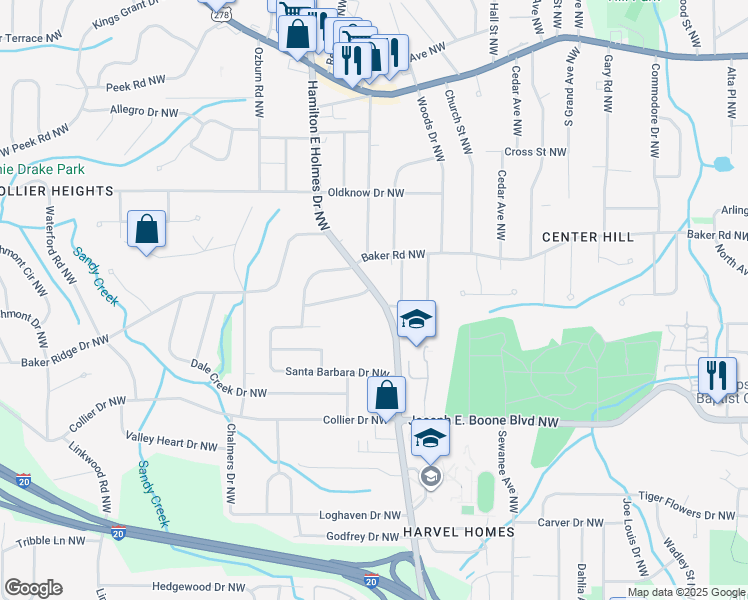 map of restaurants, bars, coffee shops, grocery stores, and more near 454 Hamilton E Holmes Dr NW in Atlanta