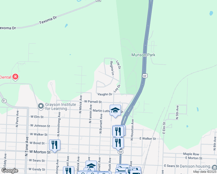 map of restaurants, bars, coffee shops, grocery stores, and more near 82 Vaughn Drive in Denison