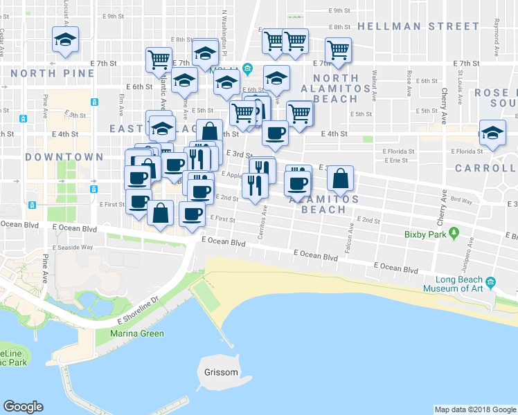 map of restaurants, bars, coffee shops, grocery stores, and more near 1062 2nd Street in Long Beach