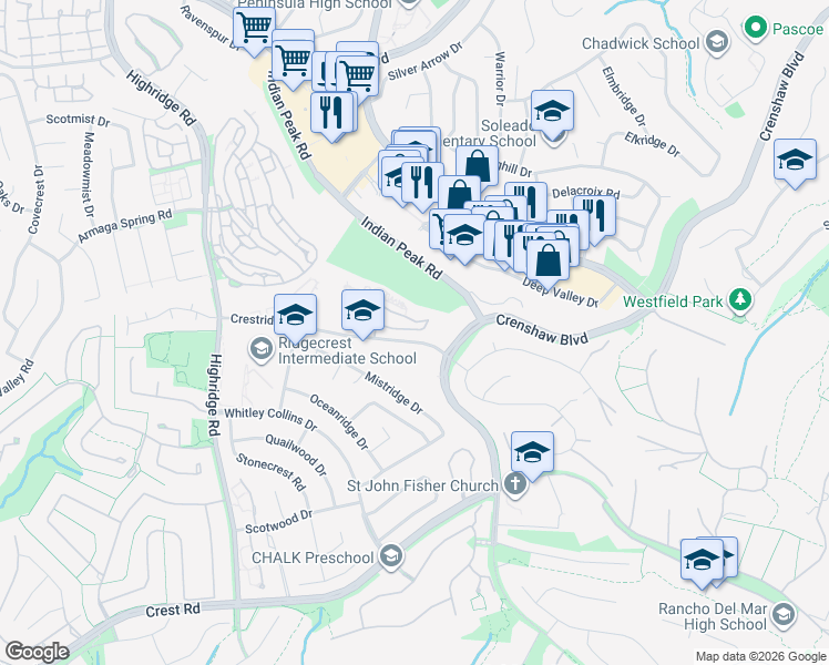 map of restaurants, bars, coffee shops, grocery stores, and more near 5555 Crestridge Road in Rancho Palos Verdes