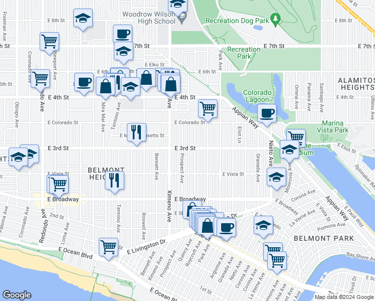 map of restaurants, bars, coffee shops, grocery stores, and more near 4518 East 3rd Street in Long Beach