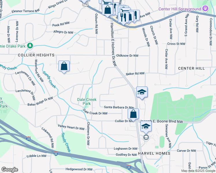 map of restaurants, bars, coffee shops, grocery stores, and more near 2625 Baker Road Northwest in Atlanta