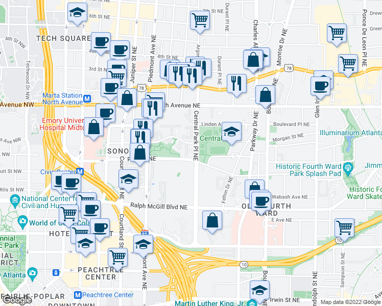 map of restaurants, bars, coffee shops, grocery stores, and more near in Atlanta