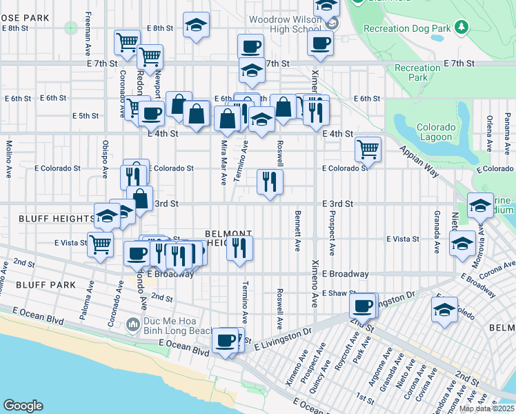 map of restaurants, bars, coffee shops, grocery stores, and more near 275 Belmont Avenue in Long Beach