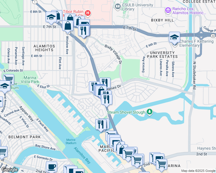 map of restaurants, bars, coffee shops, grocery stores, and more near 6027 Loynes Drive in Long Beach