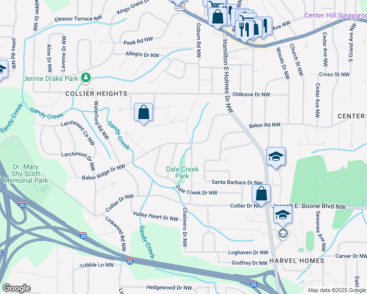 map of restaurants, bars, coffee shops, grocery stores, and more near 2740 Baker Ridge Drive Northwest in Atlanta