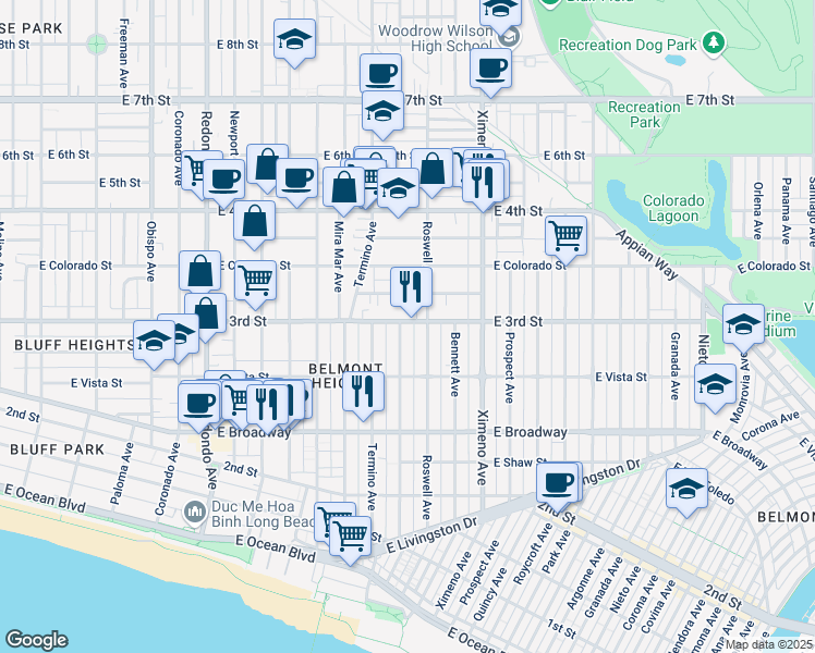 map of restaurants, bars, coffee shops, grocery stores, and more near 4100 East 3rd Street in Long Beach