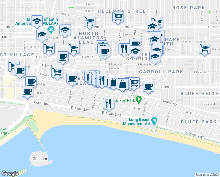 map of restaurants, bars, coffee shops, grocery stores, and more near 1701 East Broadway in Long Beach