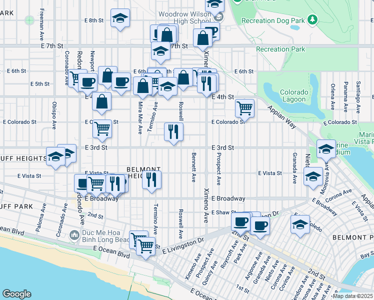 map of restaurants, bars, coffee shops, grocery stores, and more near 4218 East 3rd Street in Long Beach