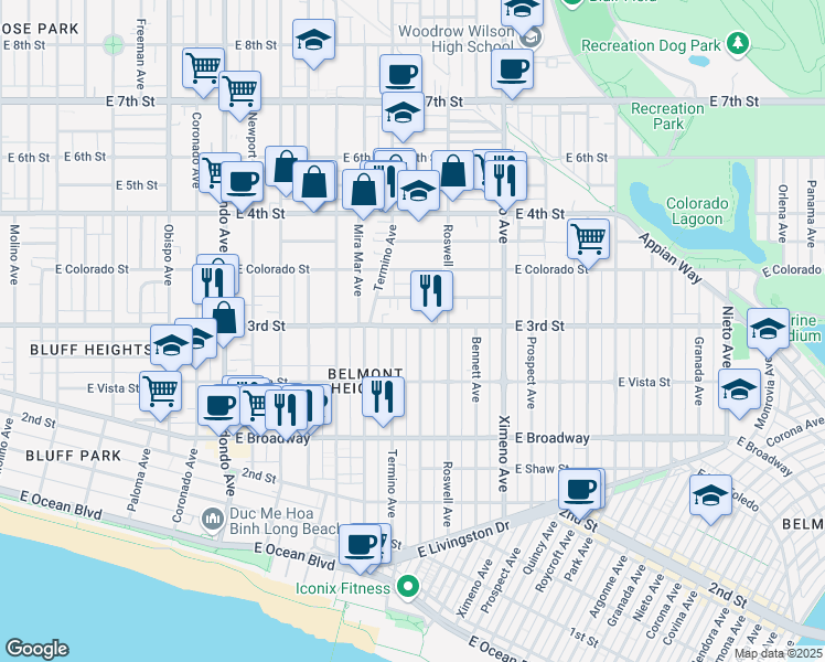 map of restaurants, bars, coffee shops, grocery stores, and more near 275 Belmont Avenue in Long Beach
