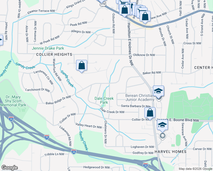 map of restaurants, bars, coffee shops, grocery stores, and more near 2732 Baker Ridge Drive Northwest in Atlanta