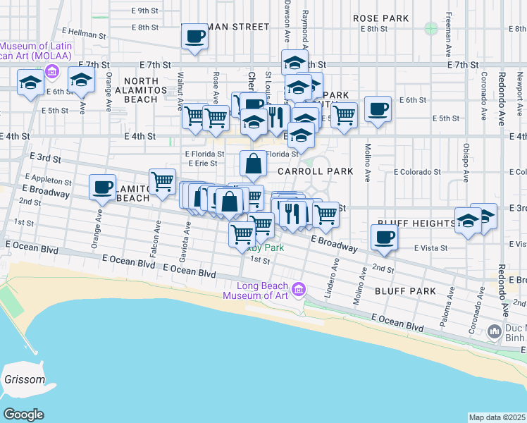 map of restaurants, bars, coffee shops, grocery stores, and more near 2027 East Appleton Street in Long Beach