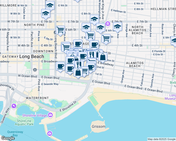 map of restaurants, bars, coffee shops, grocery stores, and more near 700 Lime Avenue in Long Beach