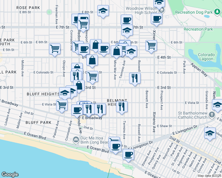 map of restaurants, bars, coffee shops, grocery stores, and more near 274 Grand Avenue in Long Beach