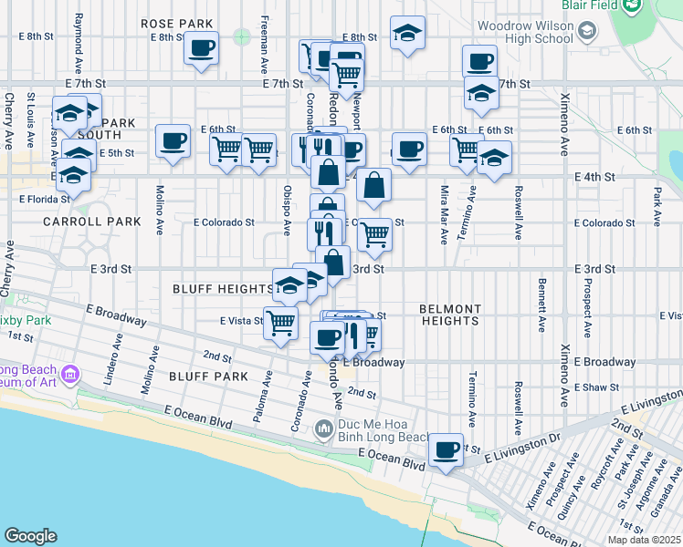 map of restaurants, bars, coffee shops, grocery stores, and more near in Long Beach