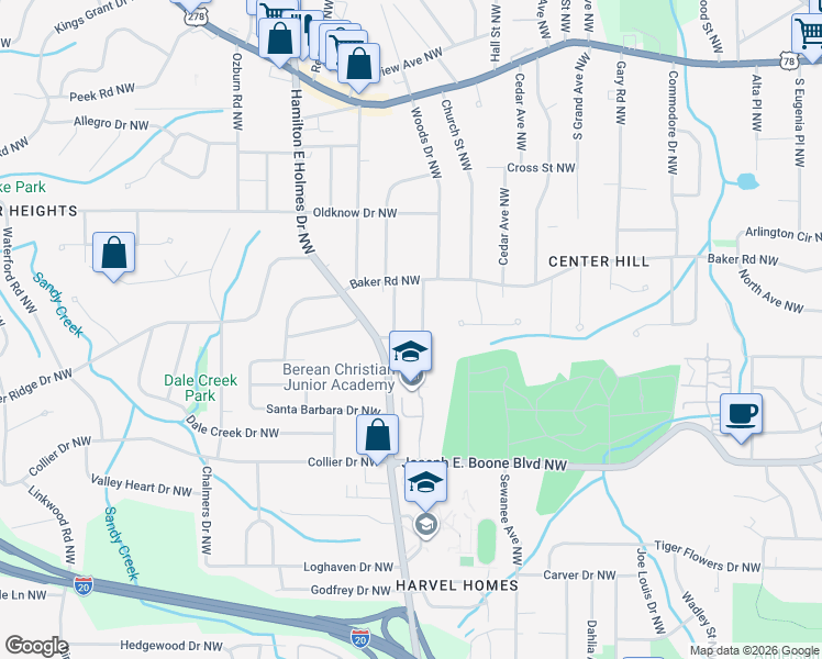 map of restaurants, bars, coffee shops, grocery stores, and more near 2517 Ryne Street Northwest in Atlanta
