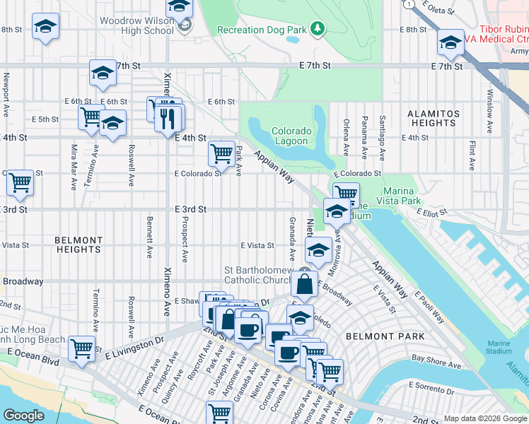 map of restaurants, bars, coffee shops, grocery stores, and more near 4920 East 3rd Street in Long Beach