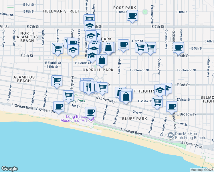 map of restaurants, bars, coffee shops, grocery stores, and more near 270 Lindero Avenue in Long Beach