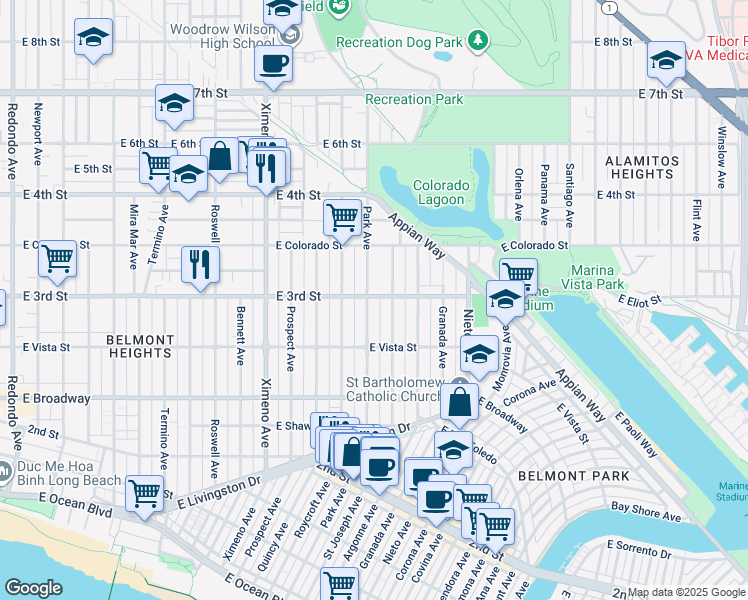 map of restaurants, bars, coffee shops, grocery stores, and more near 298 Park Avenue in Long Beach