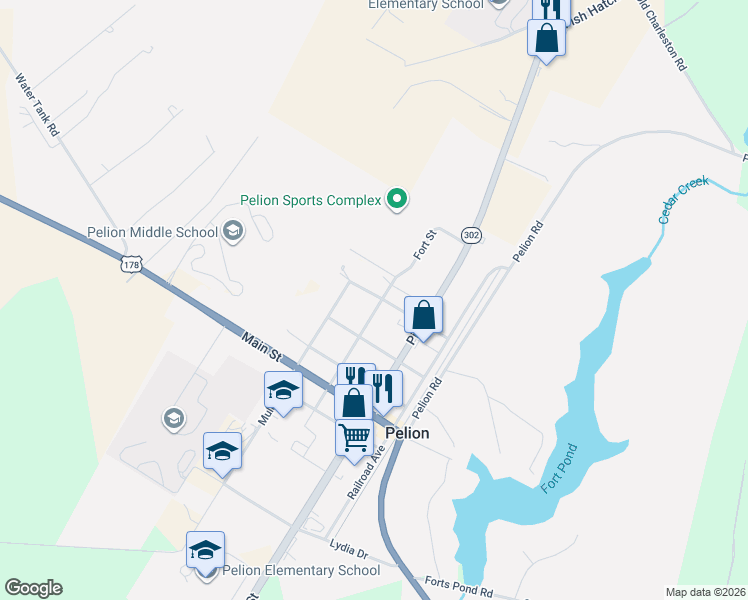 map of restaurants, bars, coffee shops, grocery stores, and more near 758 Maple Street in Pelion