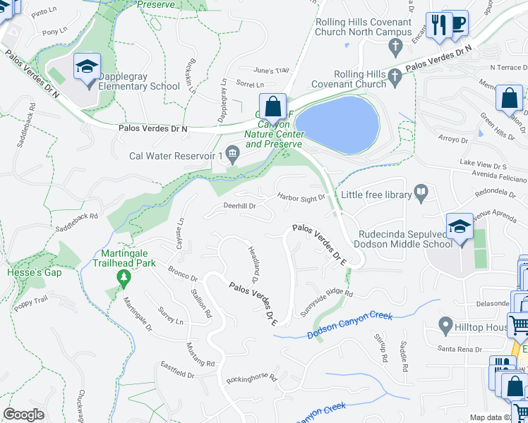 map of restaurants, bars, coffee shops, grocery stores, and more near 18 Deerhill Drive in Rolling Hills Estates