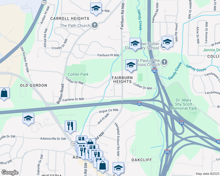 map of restaurants, bars, coffee shops, grocery stores, and more near 3522 Collier Drive Northwest in Atlanta