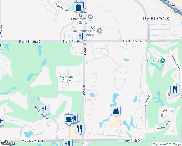 map of restaurants, bars, coffee shops, grocery stores, and more near 649 Vista Lago Circle North in Palm Desert