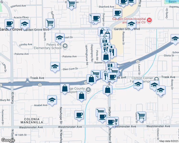 map of restaurants, bars, coffee shops, grocery stores, and more near 13422 Rockinghorse Road in Garden Grove