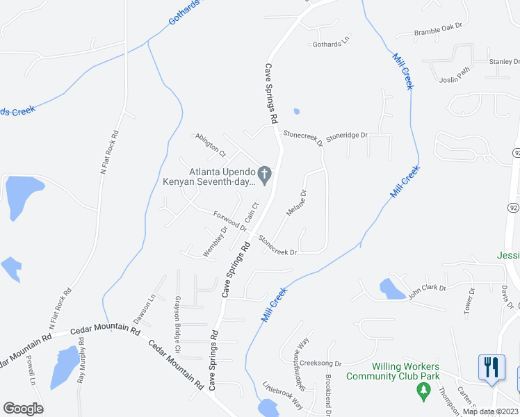 map of restaurants, bars, coffee shops, grocery stores, and more near 1476 Cain Court in Douglasville