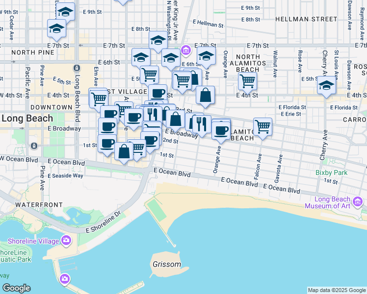 map of restaurants, bars, coffee shops, grocery stores, and more near in Long Beach