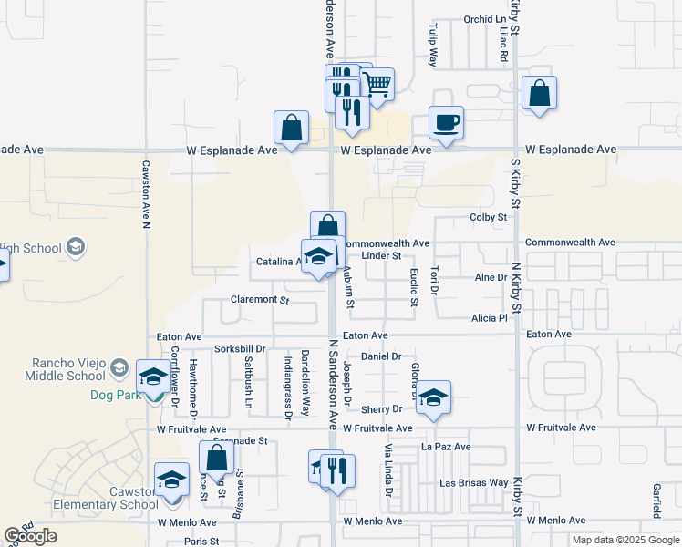 map of restaurants, bars, coffee shops, grocery stores, and more near 1245 Auburn Street in Hemet