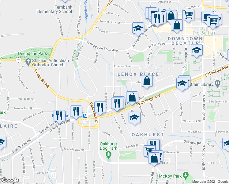 map of restaurants, bars, coffee shops, grocery stores, and more near 225 Drexel Avenue in Decatur