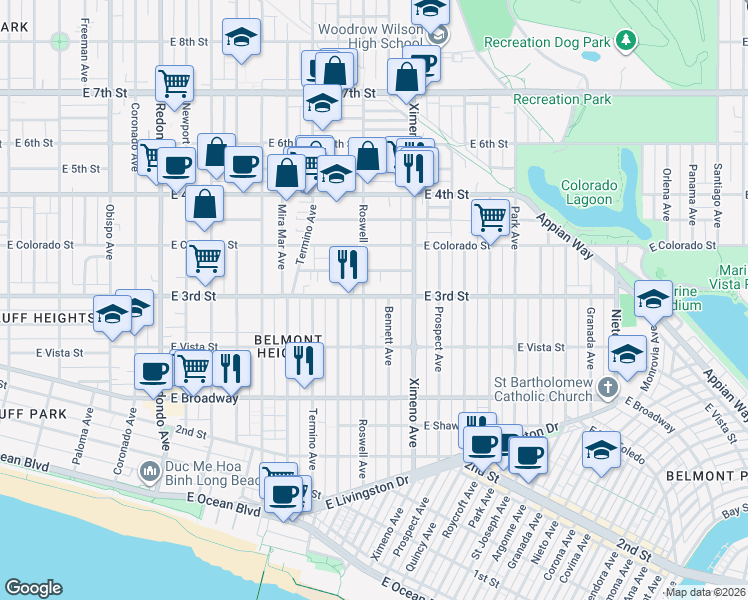 map of restaurants, bars, coffee shops, grocery stores, and more near 4218 East 3rd Street in Long Beach