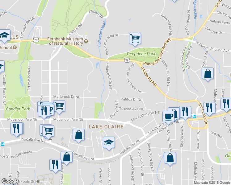 map of restaurants, bars, coffee shops, grocery stores, and more near 508 Claire Drive Northeast in Atlanta