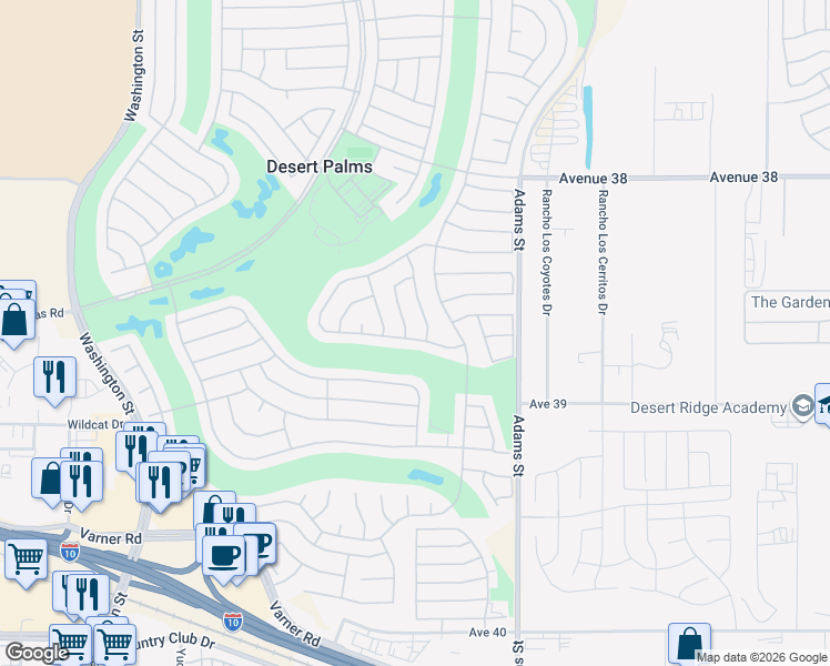 map of restaurants, bars, coffee shops, grocery stores, and more near 78764 Putting Green Drive in Palm Desert