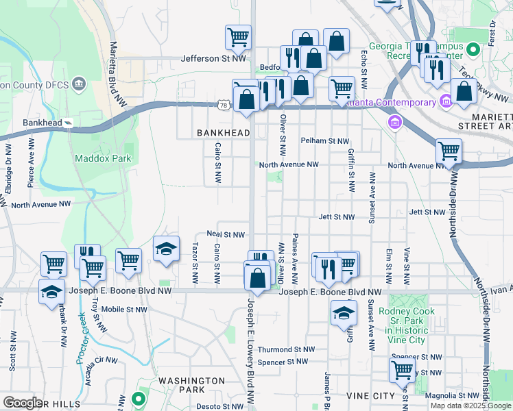 map of restaurants, bars, coffee shops, grocery stores, and more near 487 Joseph East Lowery Boulevard Northwest in Atlanta
