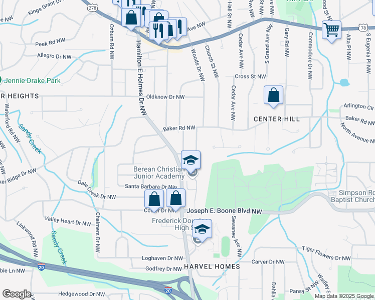 map of restaurants, bars, coffee shops, grocery stores, and more near 2517 Ryne Street Northwest in Atlanta