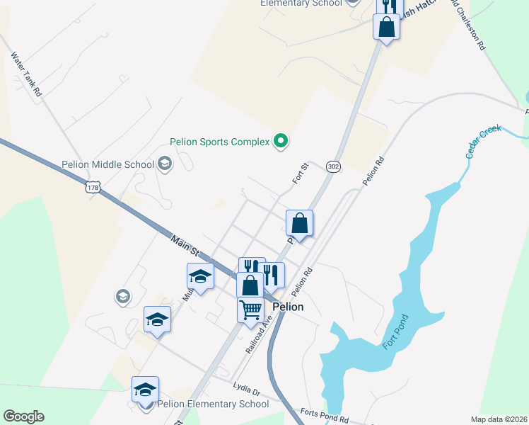 map of restaurants, bars, coffee shops, grocery stores, and more near 758 Maple Street in Pelion