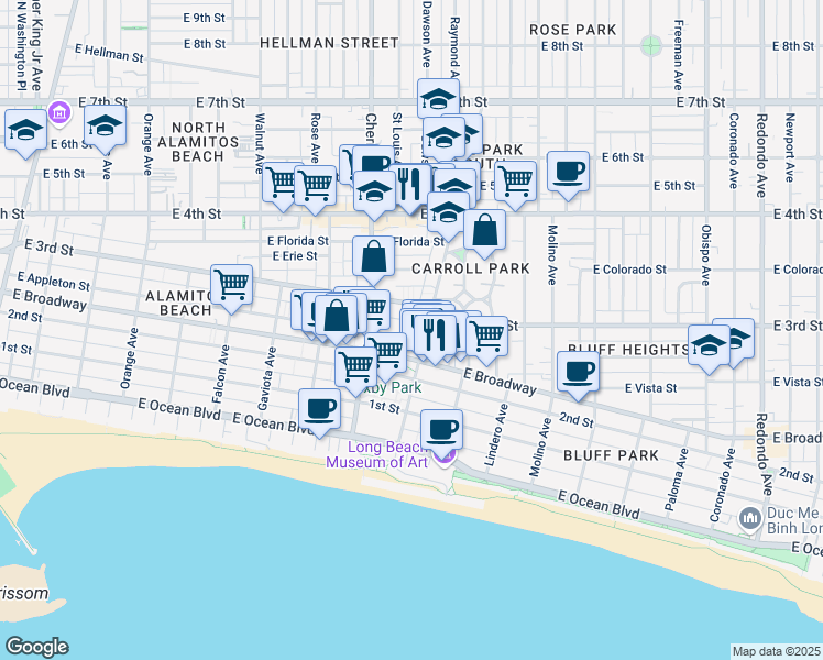map of restaurants, bars, coffee shops, grocery stores, and more near 2075 East Appleton Street in Long Beach