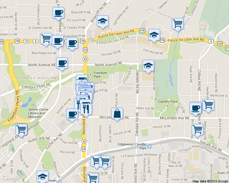 map of restaurants, bars, coffee shops, grocery stores, and more near 502 Sterling Street Northeast in Atlanta