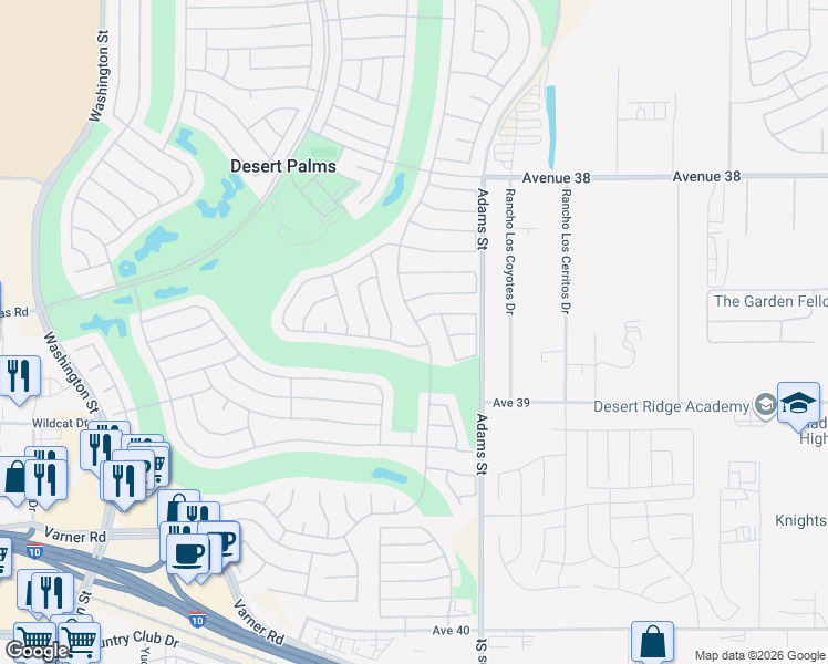 map of restaurants, bars, coffee shops, grocery stores, and more near 38701 Brandywine Avenue in Palm Desert