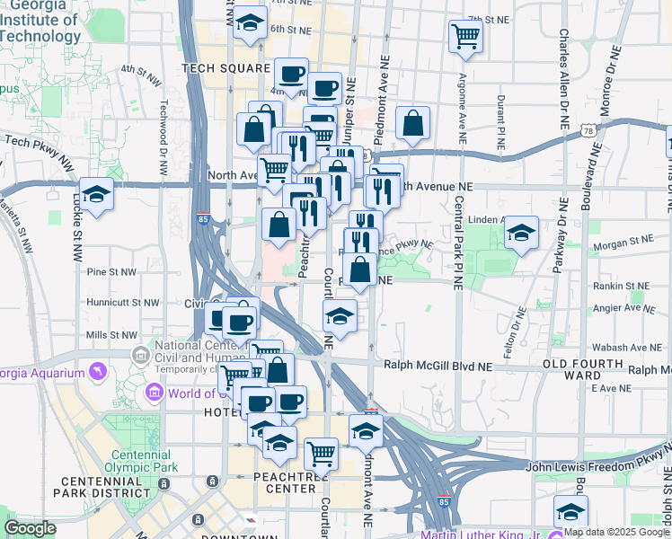 map of restaurants, bars, coffee shops, grocery stores, and more near 489 Courtland Street Northeast in Atlanta