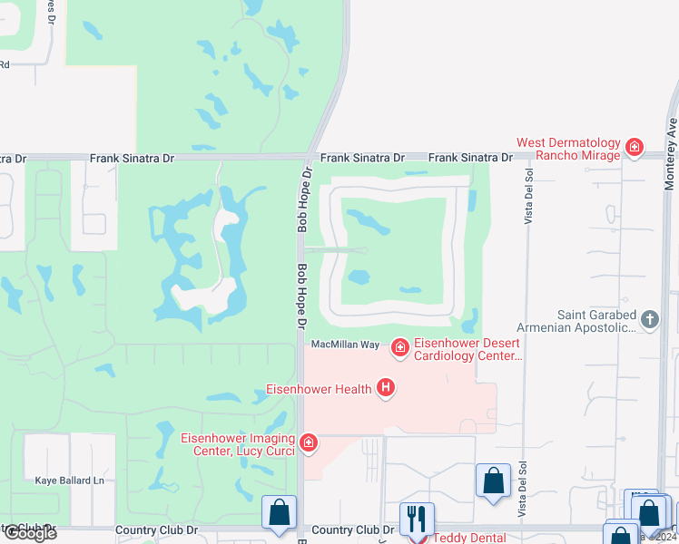 map of restaurants, bars, coffee shops, grocery stores, and more near 232 North Kavenish Drive in Rancho Mirage