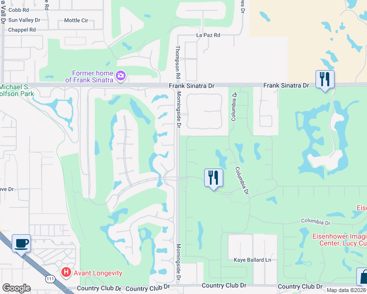 map of restaurants, bars, coffee shops, grocery stores, and more near 30 Princeton Drive in Rancho Mirage