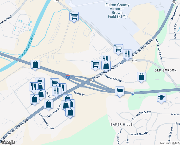 map of restaurants, bars, coffee shops, grocery stores, and more near 4225 Fulton Industrial Boulevard Southwest in Atlanta