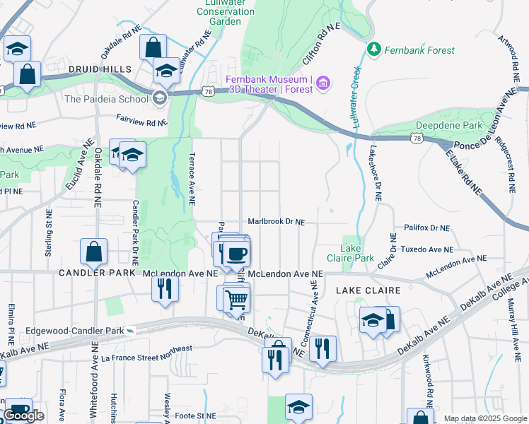 map of restaurants, bars, coffee shops, grocery stores, and more near 501 Hardendorf Avenue Northeast in Atlanta