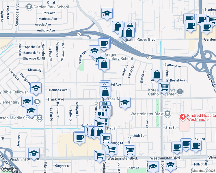 map of restaurants, bars, coffee shops, grocery stores, and more near 7032 Bestel Avenue in Westminster