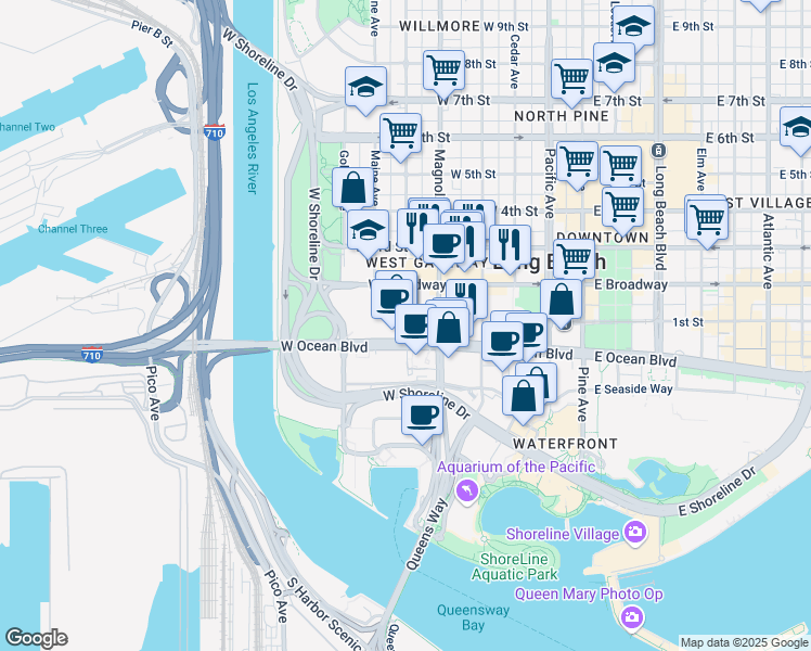 map of restaurants, bars, coffee shops, grocery stores, and more near in Long Beach