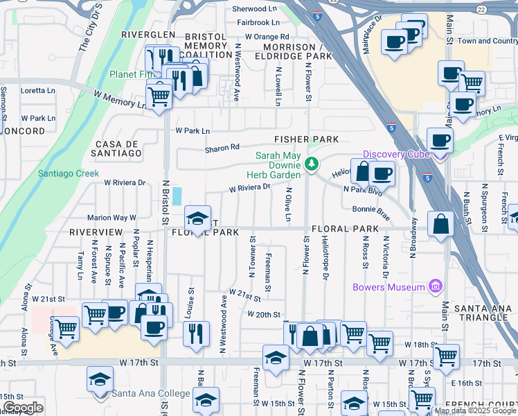 map of restaurants, bars, coffee shops, grocery stores, and more near 2327 North Towner Street in Santa Ana