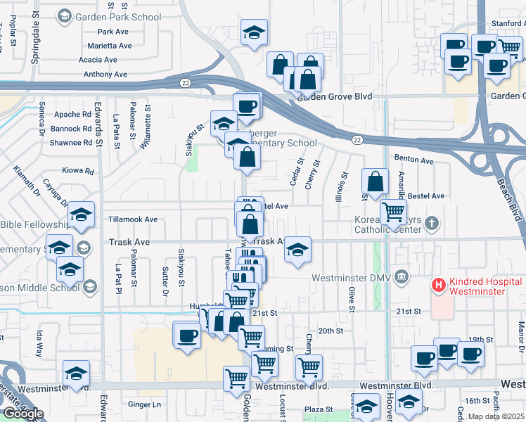 map of restaurants, bars, coffee shops, grocery stores, and more near 7032 Bestel Avenue in Westminster